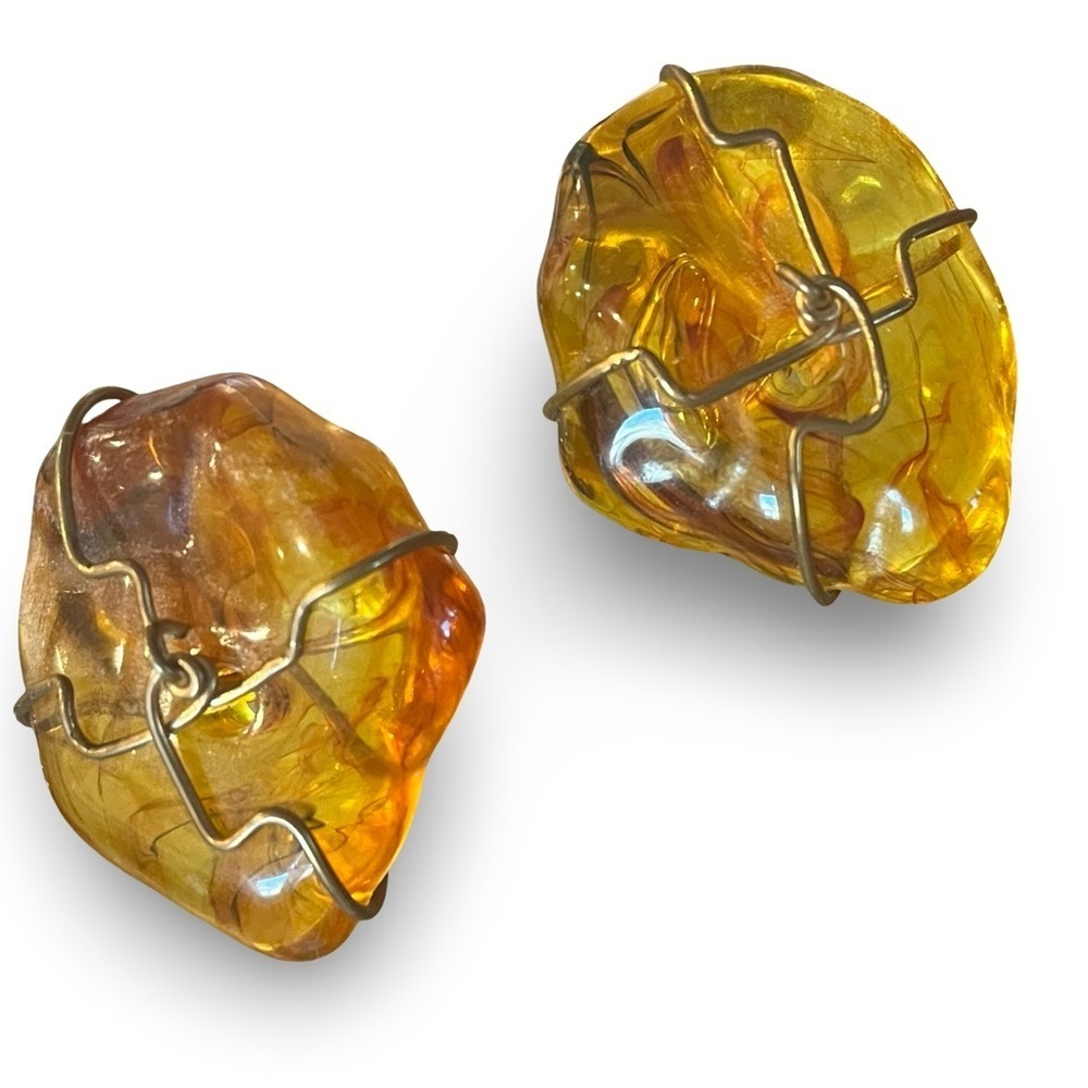 Vintage Abra Caged Amber Clip On Earrings